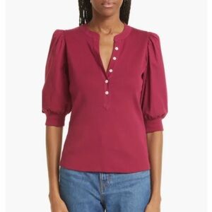 Veronica Beard Coralee Puff Sleeve Henley V-Neck Top In Raspberry Size S